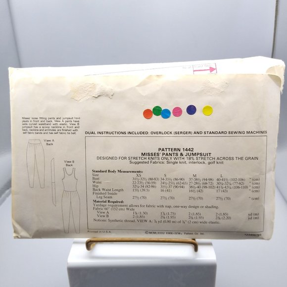 Vintage Sewing PATTERN Kwik Sew 1442 Serge, Misses 1985 Pants and Jumpsuit, One - Picture 2 of 2